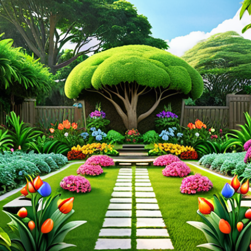 Home 15 A serene garden scene with lush greenery and colorful flowers, representing the "Memupuk Taman Minda" (cultivating the garden of the mind) concept. Include someone peacefully gardening, symbolizing the nurturing of positive thoughts.
