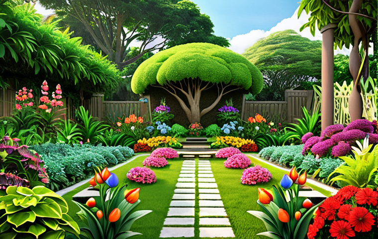 A serene garden scene with lush greenery and colorful flowers, representing the "Memupuk Taman Minda" (cultivating the garden of the mind) concept. Include someone peacefully gardening, symbolizing the nurturing of positive thoughts.