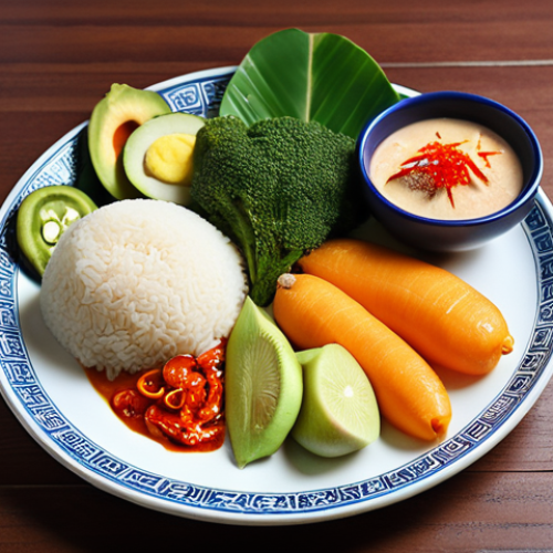 Home 14 **A colorful, balanced plate of Malaysian cuisine. Focus on fresh fruits, vegetables, and a moderate portion of protein. Soft, natural lighting.**