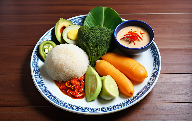 **A colorful, balanced plate of Malaysian cuisine. Focus on fresh fruits, vegetables, and a moderate portion of protein. Soft, natural lighting.**