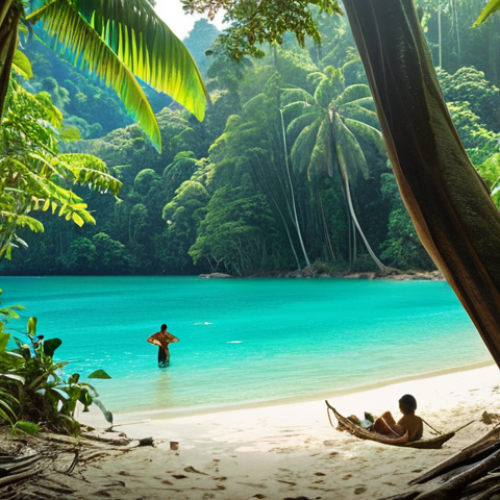 Home 7 ** A serene scene of someone enjoying nature in Malaysia: possibly walking through a lush rainforest with sunlight filtering through the trees, or relaxing on a tropical beach with turquoise water. Focus on conveying peace and tranquility.
**