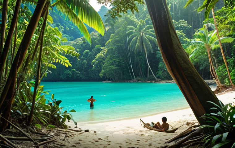 ** A serene scene of someone enjoying nature in Malaysia: possibly walking through a lush rainforest with sunlight filtering through the trees, or relaxing on a tropical beach with turquoise water. Focus on conveying peace and tranquility.
**